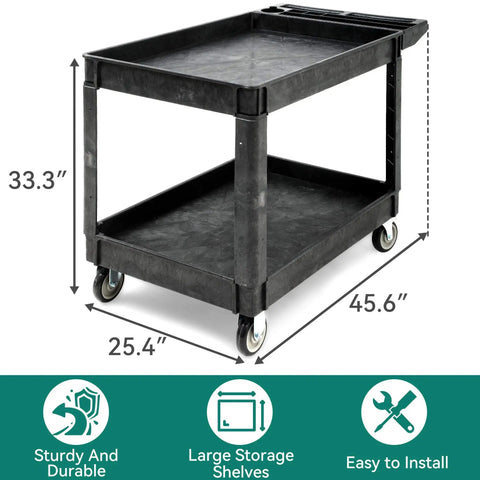 Heavy Duty Plastic Utility Cart With Wheels 550 Pound Capacity 45 By 25 Inch Rolling Cart With Two Shelves For Warehouse Garage School And Office Black front view