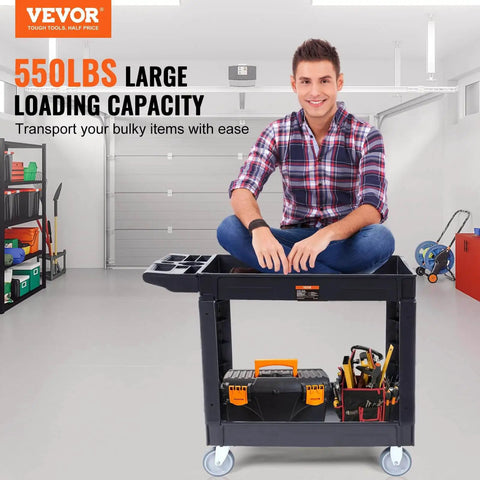 Beefed Up Heavy Duty 2 Shelf Utility Cart With 550 Lbs Capacity Plastic Rolling Service Cart with man seated for demonstration
