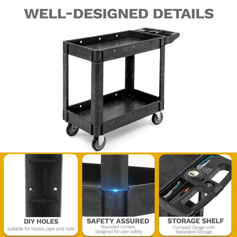 Heavy Duty Plastic Utility Cart On Wheels With 1000 Lb Capacity And 2 Shelves DWVO Rolling Service Cart for various uses