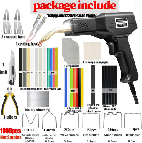 Beefed Up 220W Plastic Welder 2 In 1 Repair Kit with hot stapler, soldering gun, and accessories for car bumpers and plastics