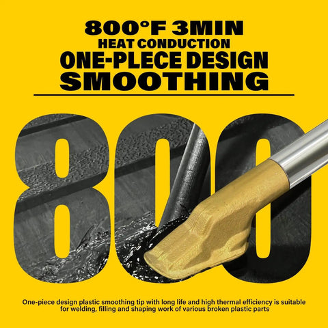 Close-up of 2 In 1 Plastic Welder Kit for Car Bumpers and Plastic Repairs, smoothing tip on black plastic surface, Yellow Allturn