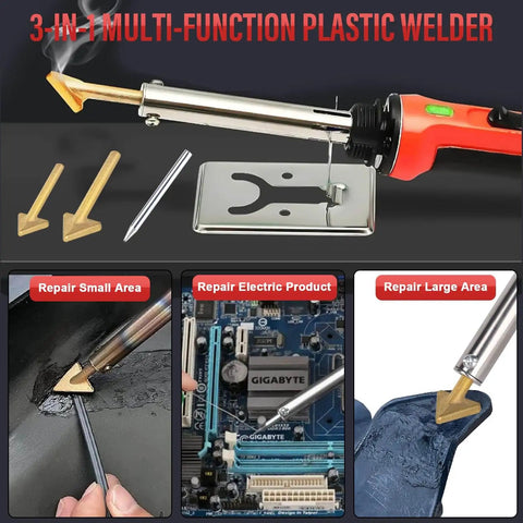 150W Plastic Welder Kit With 3 Speed Temperature Control for fast heating, showing welding tool and repair examples on plastic and electronics