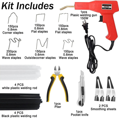 Upgraded 150W Plastic Welder Kit with welder, staples, rods, plier, and cutter for repairs on bumpers, kayaks, and plastics.