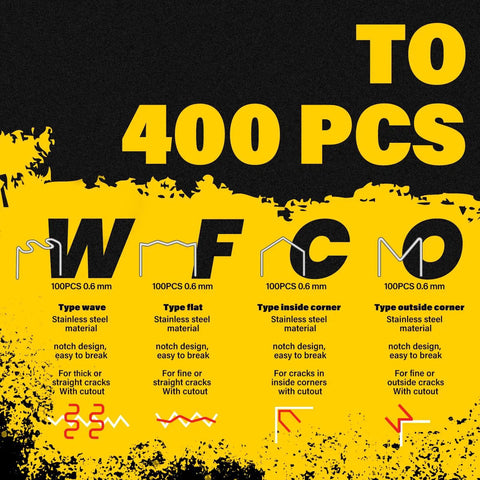 Infographic showing 400 PCS of staple types for 2 In 1 Plastic Welder Kit For Car Bumpers And Plastic Repairs, Yellow Allturn