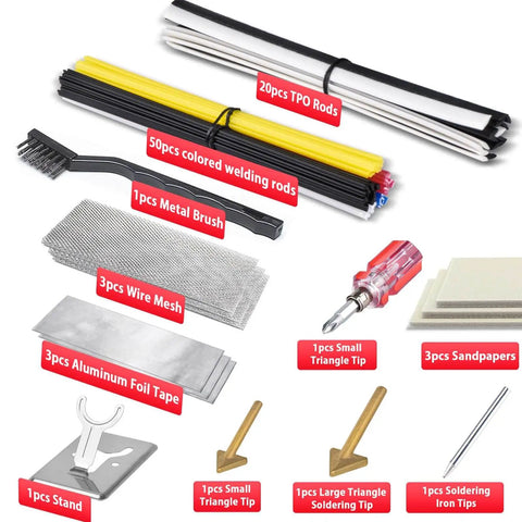 Contents of 150W Plastic Welder Kit With 3 Speed Temperature Control including rods, tips, brush, foil tape, and stand.