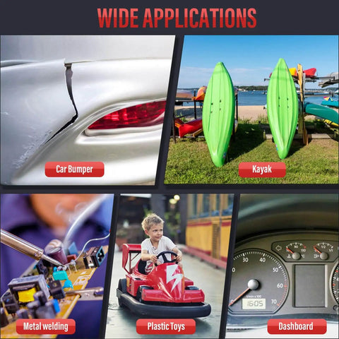 Wide applications of 150W Plastic Welder Kit With 3 Speed Temperature Control for car bumper, kayak, metal welding, plastic toys, dashboard.