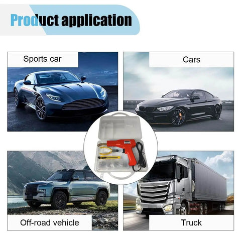 Image of All In One Hot Stapler Plastic Welder Kit With Four Types Of Staples 1000 Pieces Soldering Gun And Carry Case For Bumper Repair And Diy Plastic Welding Home Auto Projects Red, displayed with various vehicle types including sports car, cars, off-road vehicle, and truck.