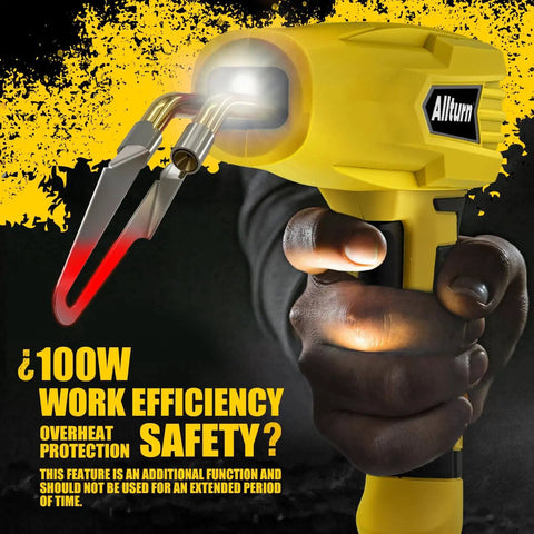 Close-up of Allturn 3 In 1 Plastic Welder Kit with 110V power, showcasing yellow handle and welding tips for car bumpers and thermoset plastics.