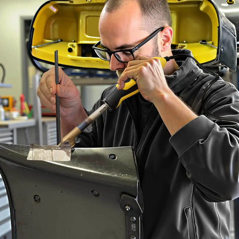 Person using 2 In 1 Plastic Welder Kit For Car Bumpers And Plastic Repairs, Fast Heat Tool With 4 Types Of Plastic Welding Staples and Welding Rods in Yellow Allturn