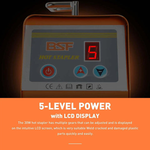 Plastic Welder Repair Kit With Beefed-Up Five Level Adjustable Power And LED Display, control panel close-up view.