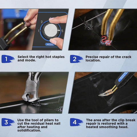 Plastic Welder Kit with 600 Hot Staples 110V Car Bumper Repair Welding Machine, step-by-step usage guide shown.