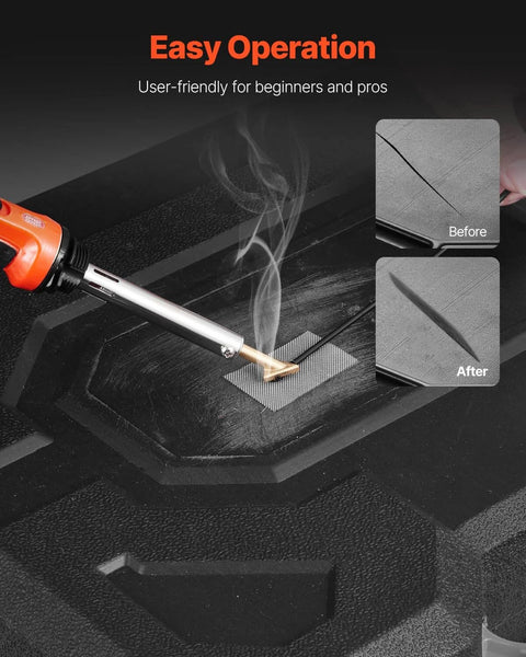 Dual Power Plastic Welder Kit With 60W And 100W Soldering Iron repairing plastic surface with attached comparisons of before and after results.