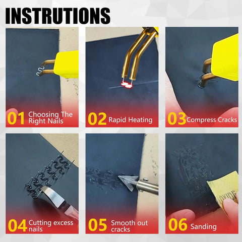 Steps of using 2 In 1 Plastic Welder Kit For Car Bumpers And Home Repairs With Hot Stapler, iron rods, and sanding accessory.