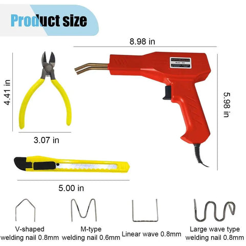 Dimensions and components of All In One Hot Stapler Plastic Welder Kit With Four Types Of Staples 1000 Pieces Soldering Gun