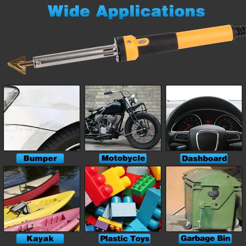 Wide applications of All In One 220W Plastic Welder Kit With 150W Iron for bumpers, motorcycles, dashboards, kayaks, toys, and bins