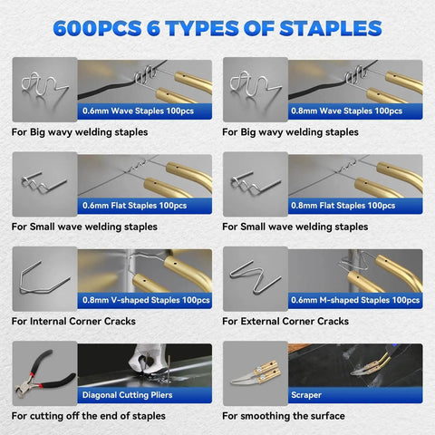 600pcs 6 types of staples for Plastic Welder Kit With 600 Hot Staples 110V Car Bumper Repair Welding Machine, including wave, flat, and corner staples