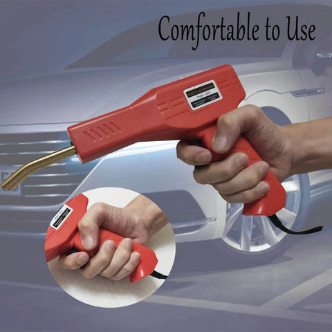 110V Plastic Welding Machine 50W Auto Bumper Repair Kit with Comfortable Rubber Grip shown in hand against car background