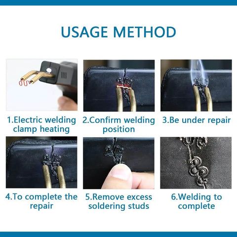 Usage method for 1000Pcs WaveShape Hot Staples For Plastic Welding 0.8mm And 0.6mm Sizes, showing step-by-step repair process.