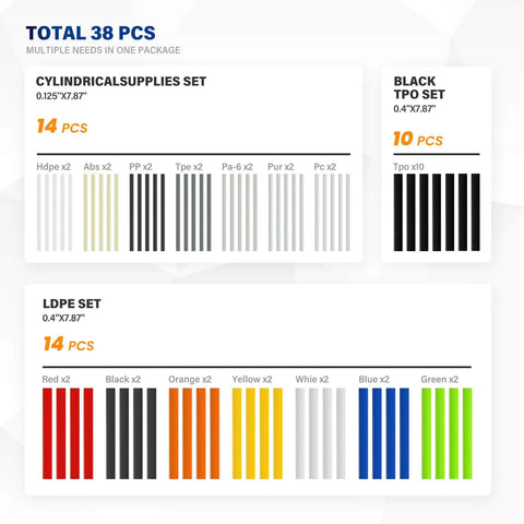 Image of 38 welding rods including cylindrical, black TPO, and LDPE sets for 2 in 1 Plastic Welding Kit With Hot Staples Weld Gun