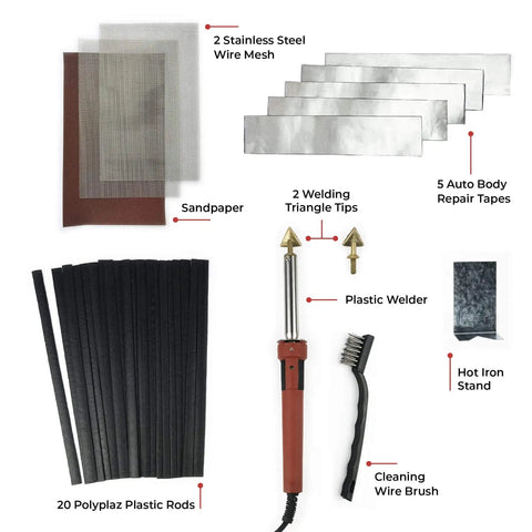 UL Certified 80W Plastic Welding Kit with polyplaz rods, stainless steel mesh, welder, tips, sandpaper, tapes, and brush.