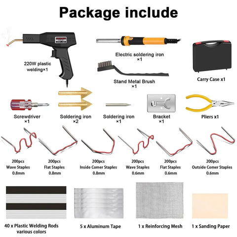 All In One 220W Plastic Welder Kit With 150W Iron, 1200 Staples, 40 Rods, 5 In 1 Tips, Tape, Sandpaper, Wire Mesh Stand, Metal Brush And Screwdriver for DIY Plastic Repairs and Car Bumper Repair package contents displayed.