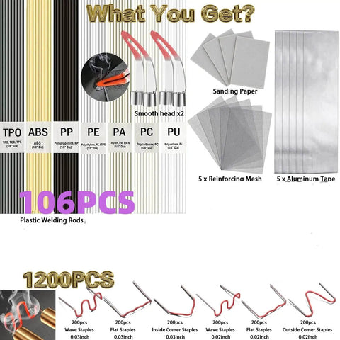 1322 Piece Plastic Welding Kit With 106 Welding Rods For 7 Plastic Types, smoothing heads, sandpapers, and staples displayed
