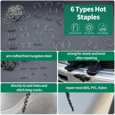 1206Pcs Plastic Welding Kit With Storage Box Pro Grade 0.6mm And 0.8mm Wave And Flat Staples, shown with staple types and uses.