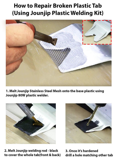 UL Certified 80W Plastic Welding Kit demonstration on repairing broken plastic tab using mesh and welding rod.