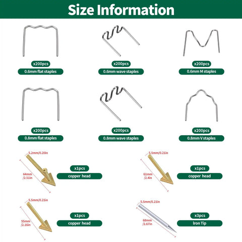 1206Pcs Plastic Welding Kit With Storage Box Pro Grade 0.6mm And 0.8mm Wave And Flat Staples Soldering Iron Tips Triangular Copper Head Welder Accessories For Car Bumper Repair.