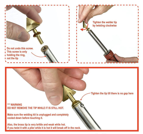 UL Certified 80W Plastic Welding Kit instruction on tightening brass welder tip, highlighting clockwise twist for auto bumpers, kayaks repair.