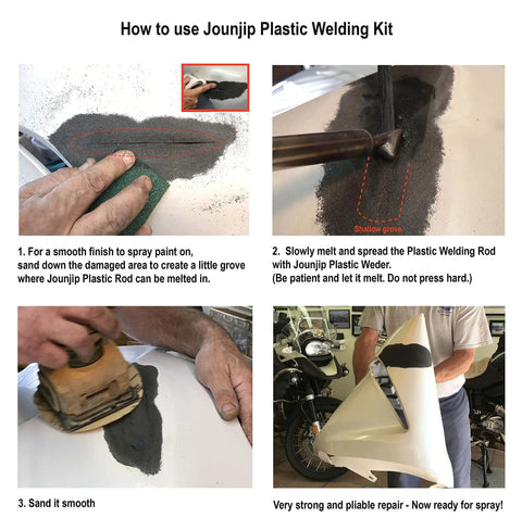 Steps to use UL Certified 80W Plastic Welding Kit for repairing car bumpers shown in a step-by-step instructional image.