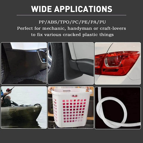 Visual display of wide applications for 1322 Piece Plastic Welding Kit With 106 Welding Rods For 7 Plastic Types Polypropylene Polyurethane ABS