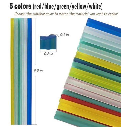 Close-up of 106 Pieces Plastic Welding Rods Kit With 12 Color Rods For Car Bumper And Kayak Repair, showing 5 color options and dimensions.