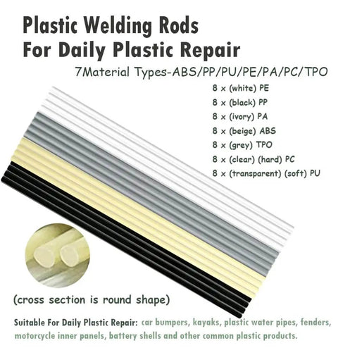 106 Pieces Plastic Welding Rods Kit With 12 Color Rods For Car Bumper And Kayak Repair, 7 Plastic Types ABS PP PU PE PC TPO PA