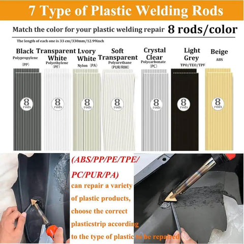 7 types of plastic welding rods for 100W Plastic Welder Kit With 56 Pieces Rods And Soldering Tips 2 In 1 Welding And Soldering Tool
