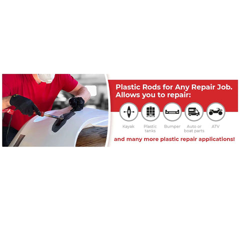 Long 13 Inch Plastic Welding Rods Pack for Pro DIY Repairs used on car bumper, showing versatility in repairs with 52 pieces and 7 types.