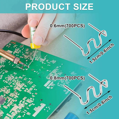 Two Types Wave Hot Staples Kit For Plastic Welding 1400Pcs 0.6mm And 0.8mm Staples shown with dimensions and welding example.