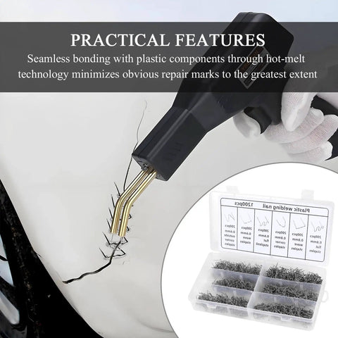 Pro Grade Heavy Duty 1200Pcs Plastic Welding Staples Set With 6 Sizes 0.6mm 0.8mm Big Wave Stainless Steel Hot Staples For Car Bumper Repair And Plastic Welds, Delivers Clean Hidden Bonds And Strong, Durable Fill For Auto Body Panels shown in use with case