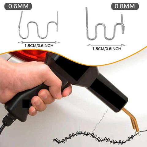 Plastic Welding Staples Kit With 1000 Pcs Wave Shape Staples in 0.8mm and 0.6mm sizes in use for plastic repairs.