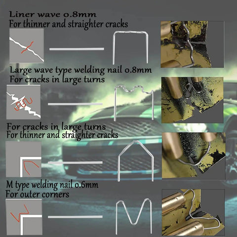 110V Plastic Welding Machine 50W Auto Bumper Repair Kit staples and usage examples on damaged car parts.