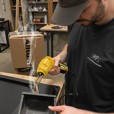 Person using 2 In 1 Plastic Welder Kit For Car Bumpers And Plastic Repairs with yellow Allturn fast heat tool in workshop