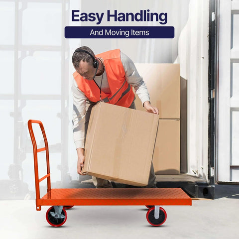 Worker using ✝️ Platform Cart Industrial Dolly Cart 3300LB Heavy Duty 60” x 30” Platform Hand Truck Push Cart to move boxes