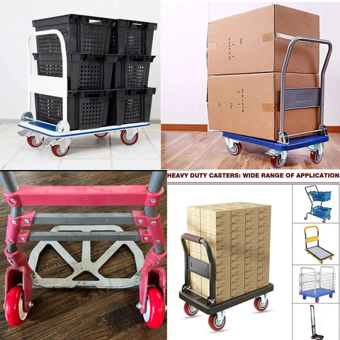 2.5 Inch Caster Wheels Set 4 Heavy Duty Lockable Bearing Plate Casters For Platform Trucks Carts Furniture And Workbenches Up To 220 Lbs 100 Kg Polyurethane Wheels Smooth Quiet Rolling shown on carts loaded with boxes and crates