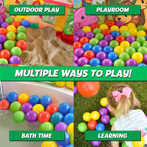 200 Premium Crush-Resistant Play Balls for Ball Pits – Non-Toxic, BPA & Phthalate Free, showcasing varied uses in colorful scenes