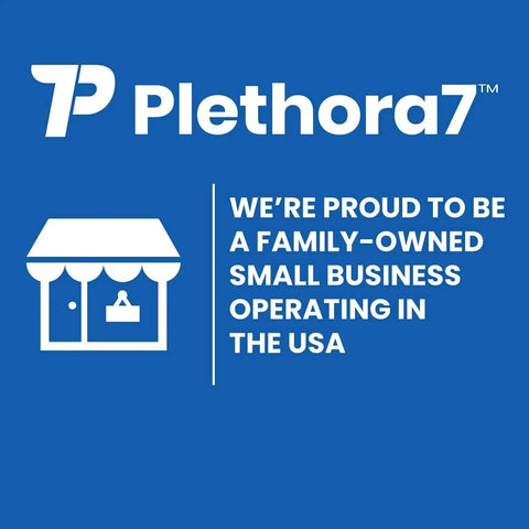 Graphic with Plethora7 logo, a store icon, and text stating 'We’re proud to be a family-owned small business operating in the USA.'