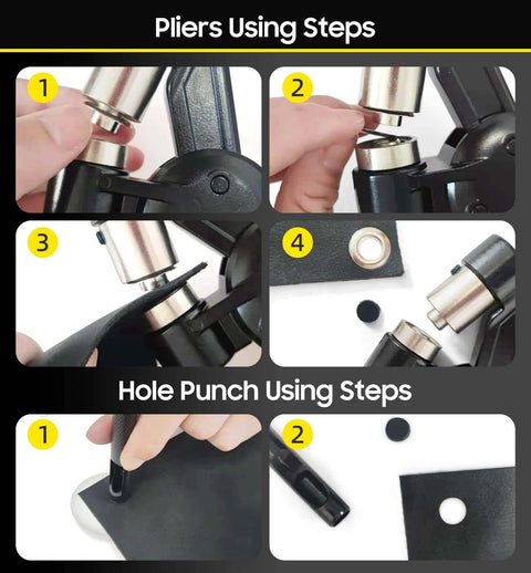 Step-by-step guide showing how to use pliers and a hole puncher on black material for fastening tasks.