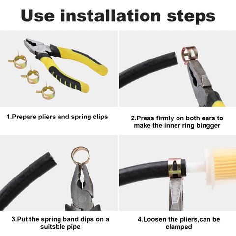 Installation steps for 260 Piece 6 To 25mm Fuel Line Hose Spring Clip Clamps Set with pliers and hose on display.