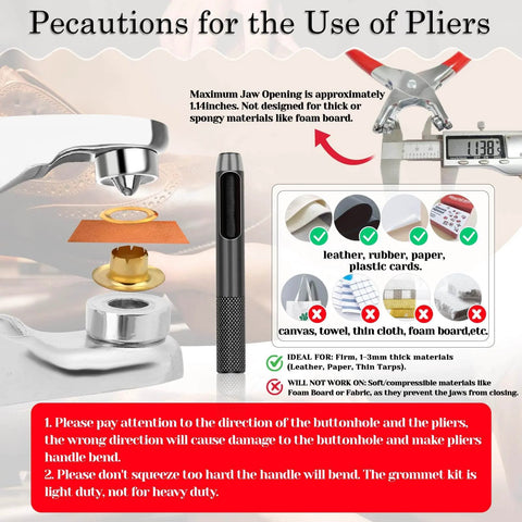 Usage instructions for pliers with caution not to use on thick or spongy materials; ideal for thin materials like leather and canvas.