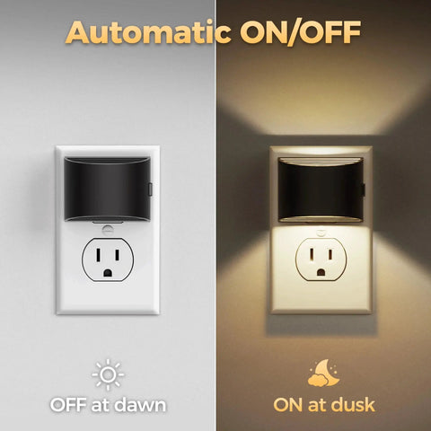 Two Pack Led Night Light Plug In With Dusk To Dawn Sensor Three Level Brightness 30 60 100 Lum Warm White 3000K installed in outlet