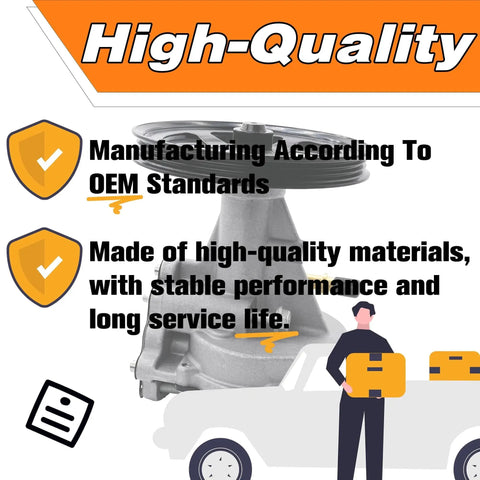 High-quality plug-and-play vacuum pump replacement infographic with product image and manufacturing details.